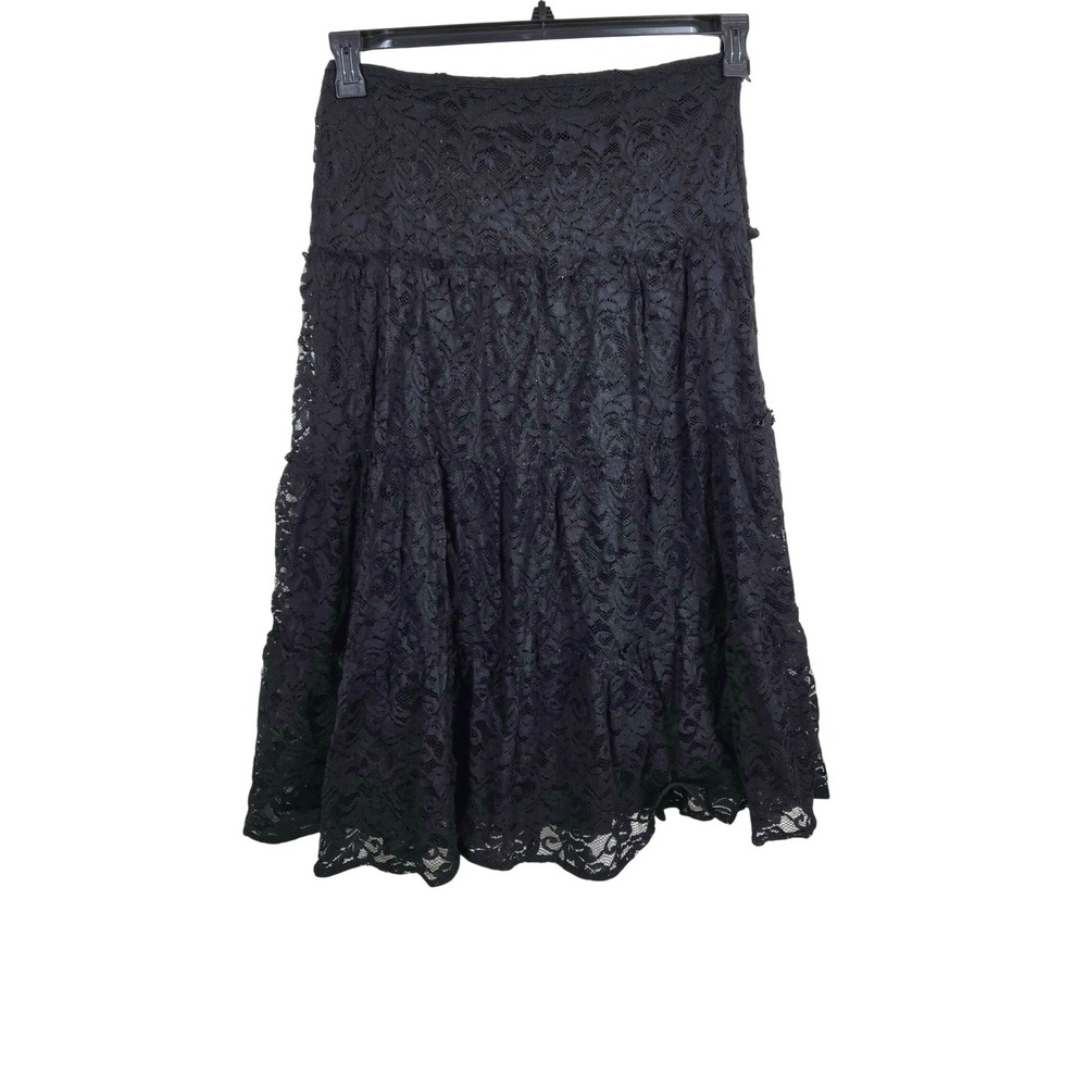 NY Collection Wmen Black Lace Witchy Tiered Fairy Maxi Skirt Large Petite Gothic